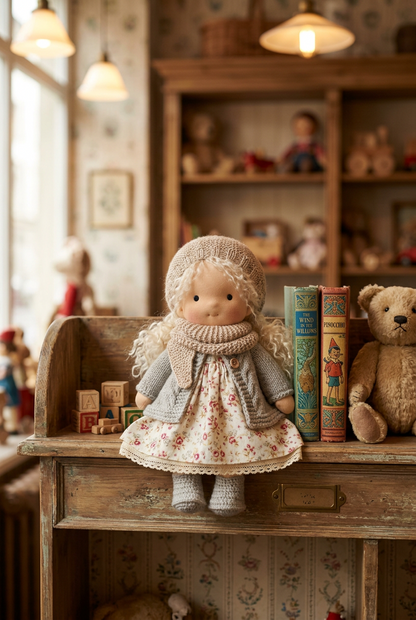 Cloth doll with curly blonde hair, knitted hat, scarf and cardigan sitting on a vintage shelf beside old books 1