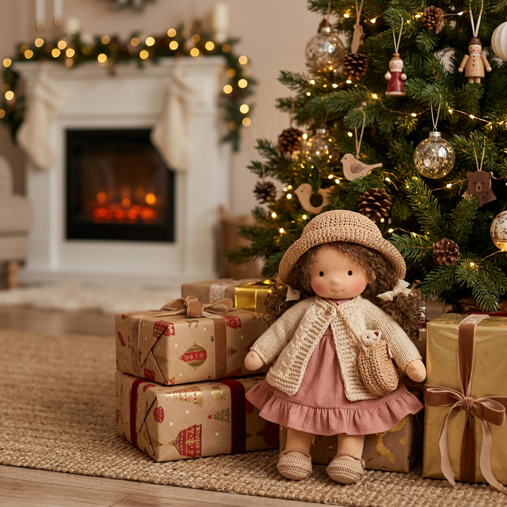 Curly-haired soft doll in straw hat, cardigan and pink dress sitting beside wrapped Christmas presents 1