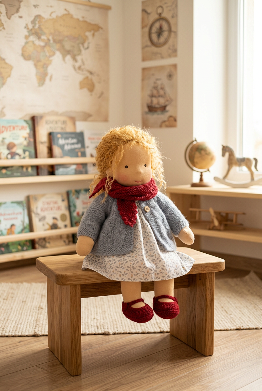 Curly-haired doll in grey knit cardigan, red scarf and shoes sitting on a wooden stool in a playroom 1