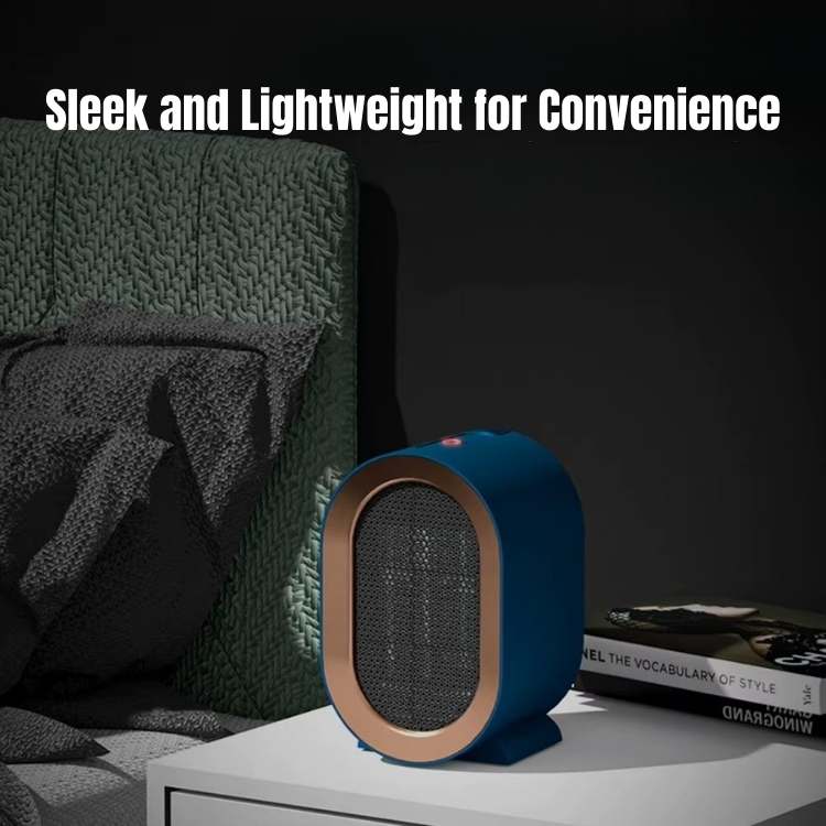 Blue heater with glowing red indicator on a white bedside table in a dark bedroom 2