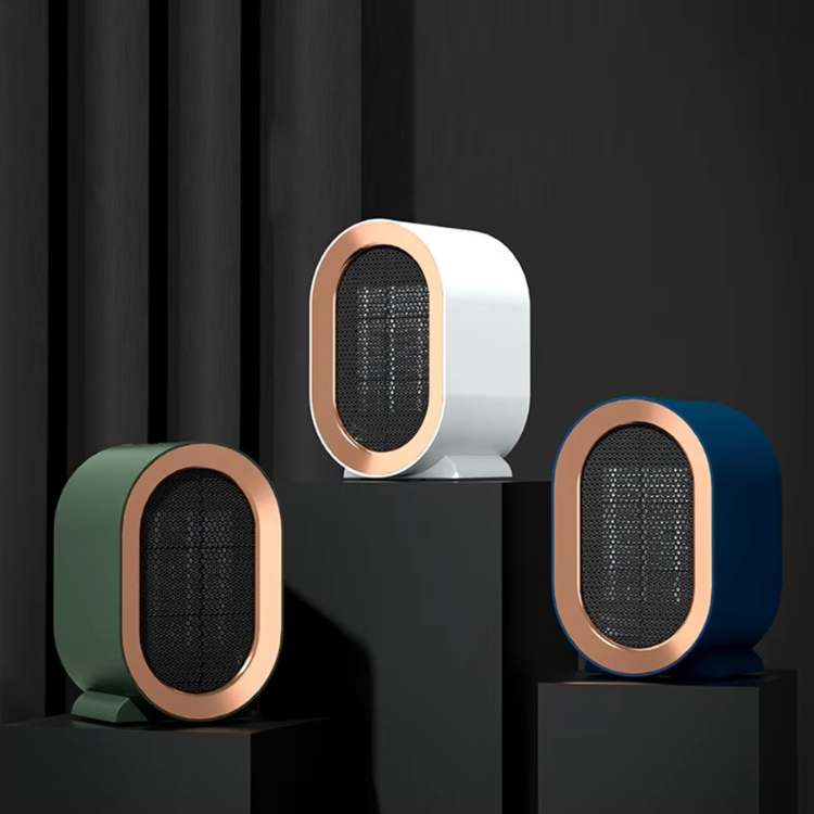 Green, white and blue heaters displayed together on black plinths against a dark backdrop 5