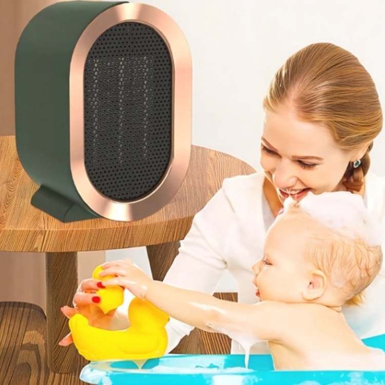 Green heater on a wooden table behind a smiling woman bathing a baby with a rubber duck 3