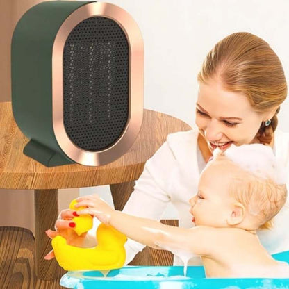 Green heater on a wooden table behind a smiling woman bathing a baby with a rubber duck 3