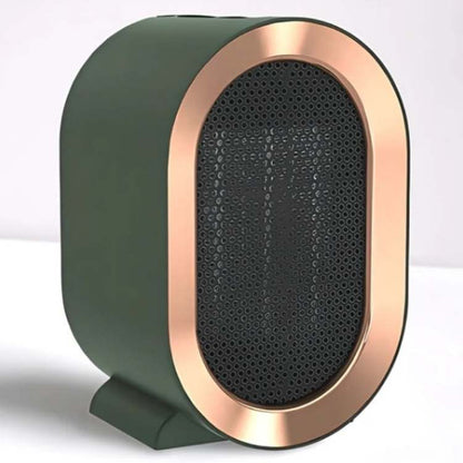 Front three-quarter view of the green heater with rose-gold oval rim and black mesh grille 7