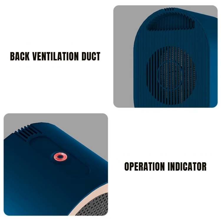 Two close-ups of the blue heater showing the rear ventilation duct and the red operation indicator 4