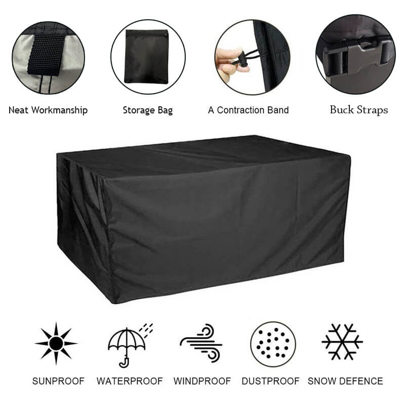 Black cover with close-ups of its webbing loop, storage bag, drawstring and buckle straps, above icons for weather protection. 10