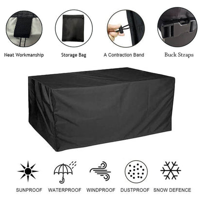 Black cover with close-ups of its webbing loop, storage bag, drawstring and buckle straps, above icons for weather protection. 10