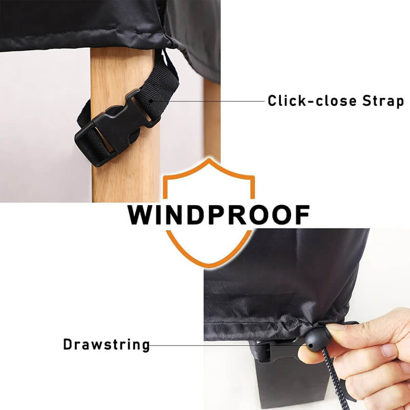 Close-ups of a click-close buckle strap fastened around a wooden chair leg and a drawstring toggle being pulled tight. 11