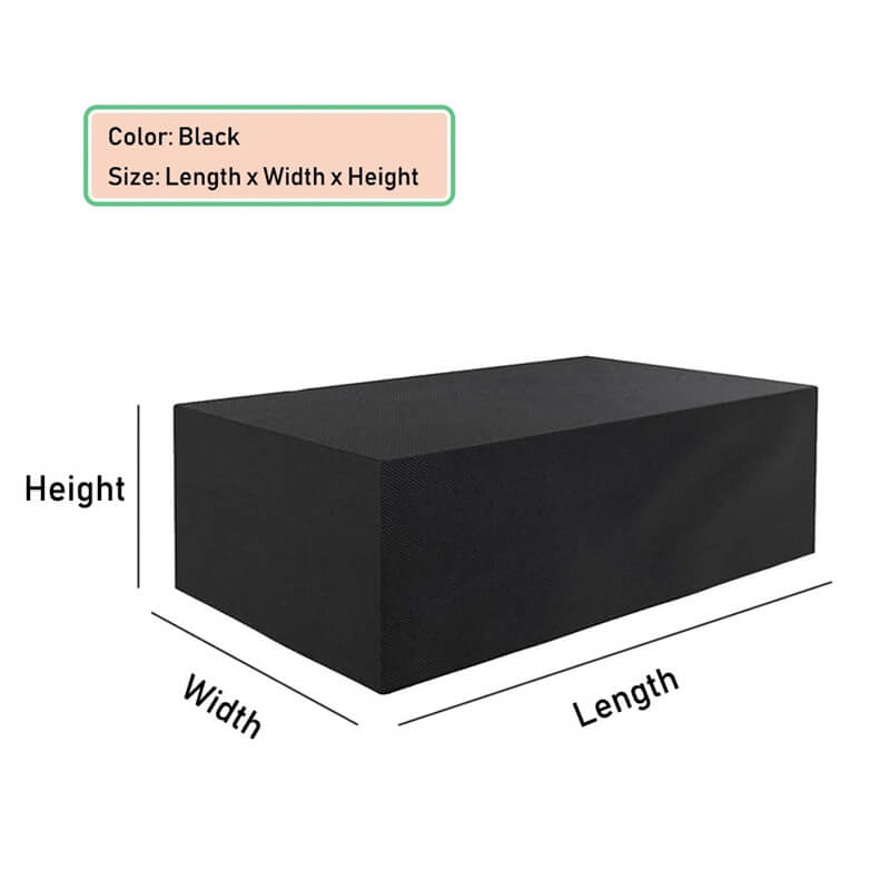 Plain black rectangular cover shown at an angle, with arrows marking its length, width and height. 12