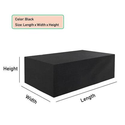 Plain black rectangular cover shown at an angle, with arrows marking its length, width and height. 12