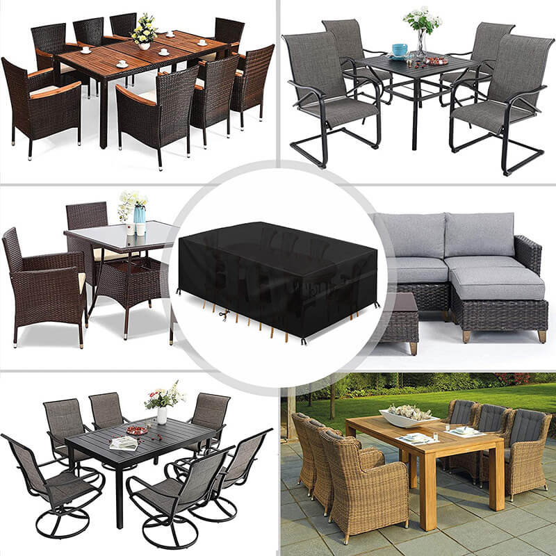 Black rectangular cover in a central circle, surrounded by six styles of patio dining and lounge furniture it can protect. 2