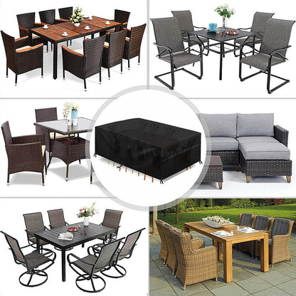 Black rectangular cover in a central circle, surrounded by six styles of patio dining and lounge furniture it can protect. 2