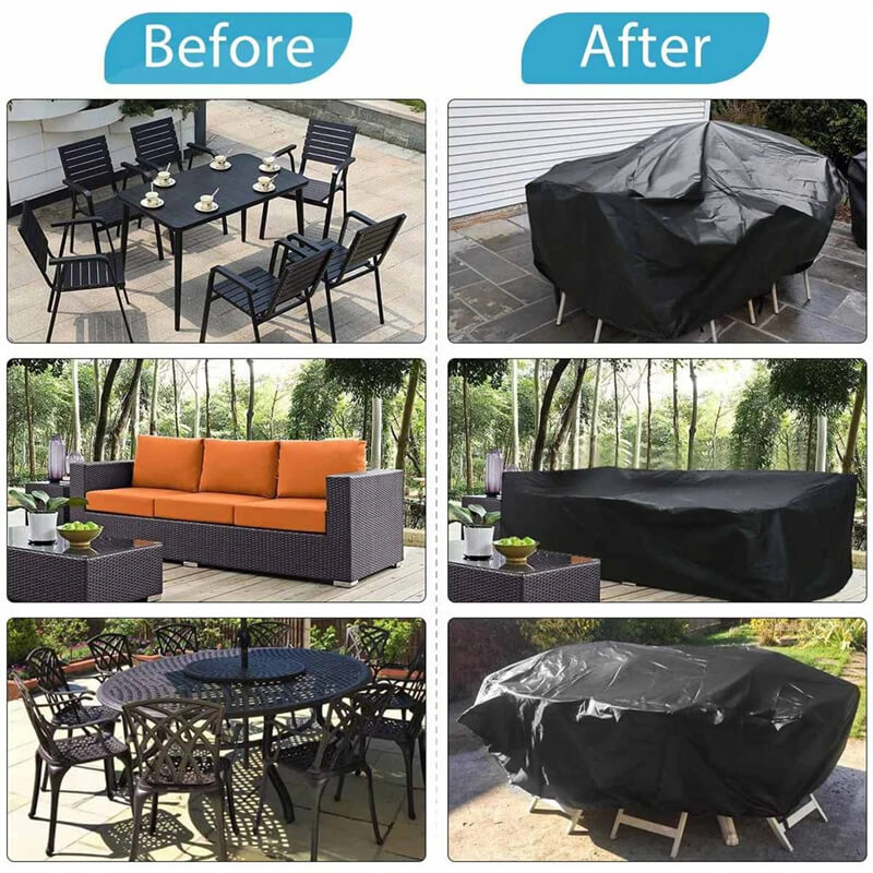 Before-and-after comparison showing uncovered patio dining, sofa and round tables beside the same sets under black covers. 3