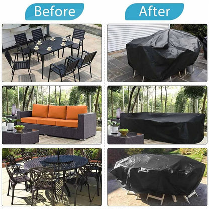 Before-and-after comparison showing uncovered patio dining, sofa and round tables beside the same sets under black covers. 3