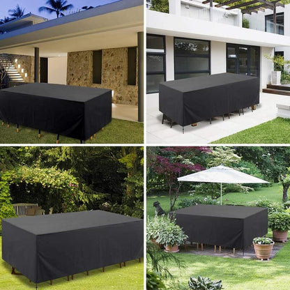 Four garden and terrace scenes where the black cover sits over outdoor furniture beside a house, lawn and parasol. 4