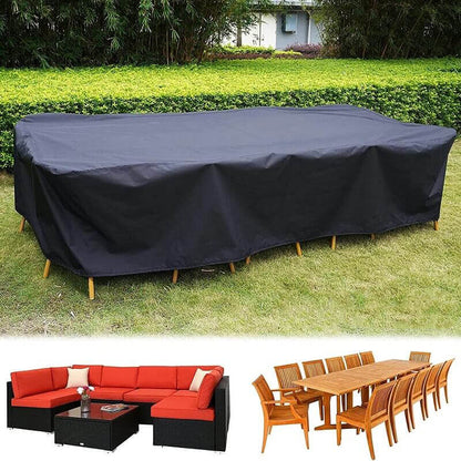 Black cover draped over a large garden dining set on a lawn, with a wicker corner sofa and teak table below. 5