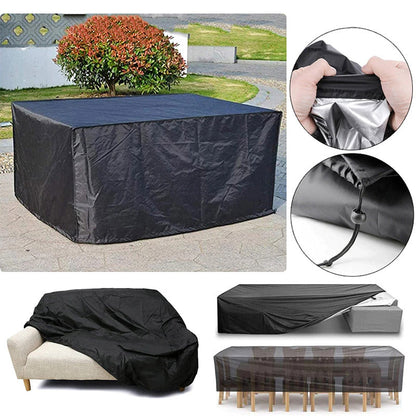 Collage of the cover over a patio table, a sofa and chairs, with close-ups of the silver lining and drawstring toggle. 7
