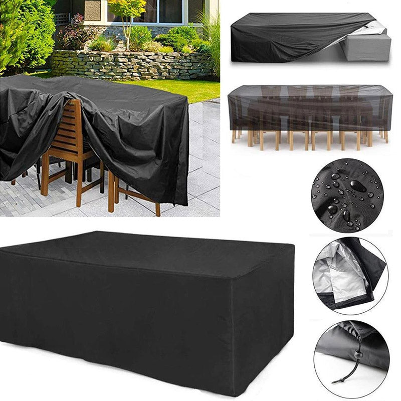 Several views of the black cover over chairs, table and sofa, plus close-ups of water beading, silver lining and drawstring. 9