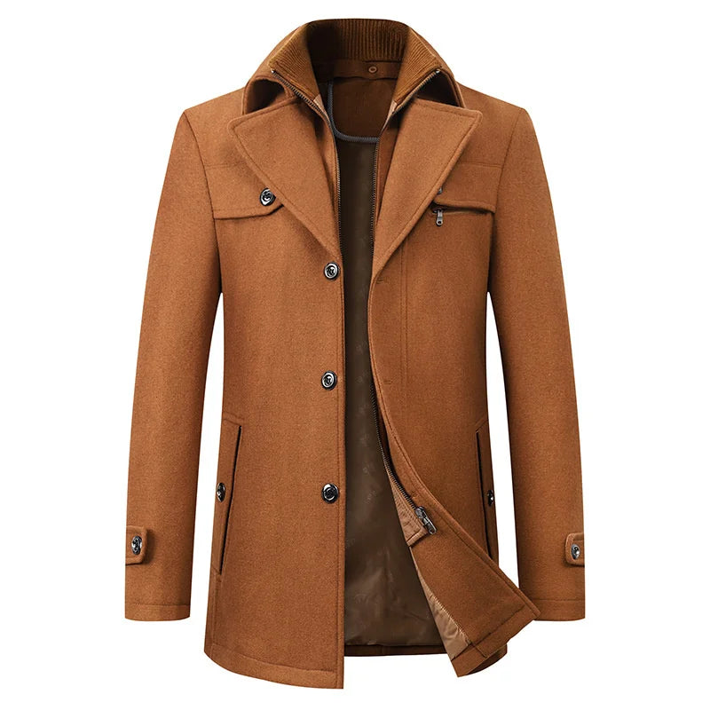 Front view of the camel-brown version, with a brown lining visible where the inner layer is unzipped beneath the lapels. 5