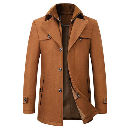 Front view of the camel-brown version, with a brown lining visible where the inner layer is unzipped beneath the lapels. 5