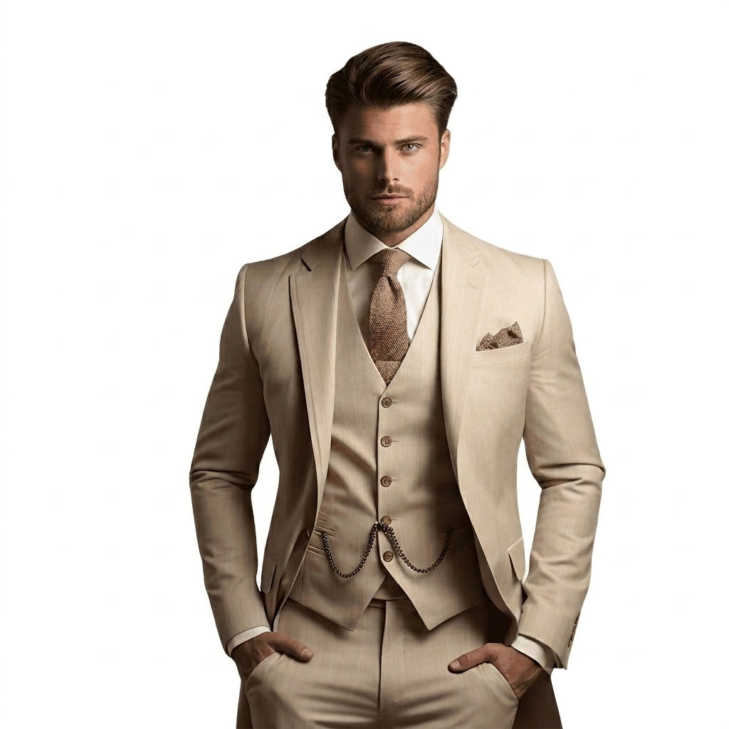 Model wearing the suit in beige with faint pinstripes, worn with a tan knitted tie and pocket square, hands in pockets. 2