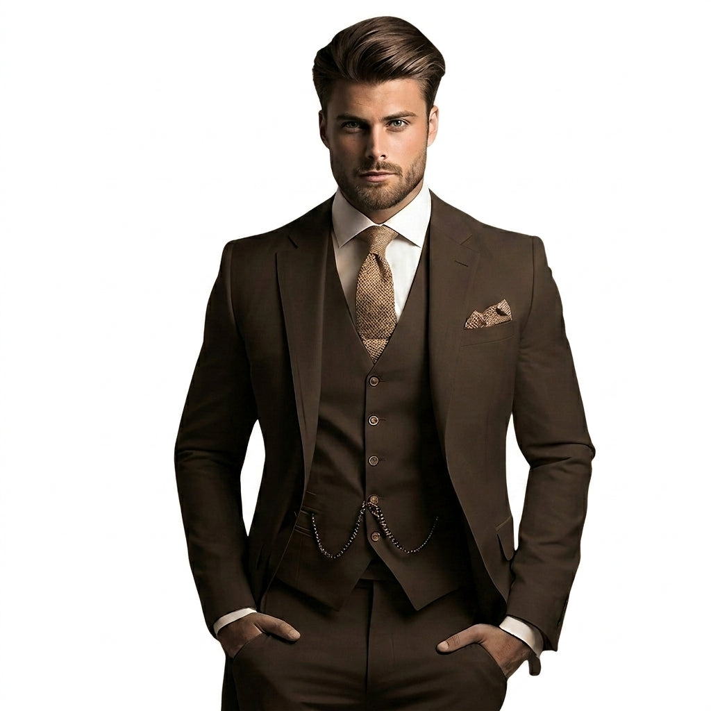 Model wearing the suit in dark chocolate brown, with a tan textured tie, pocket square and waistcoat chain, hands in pockets. 4