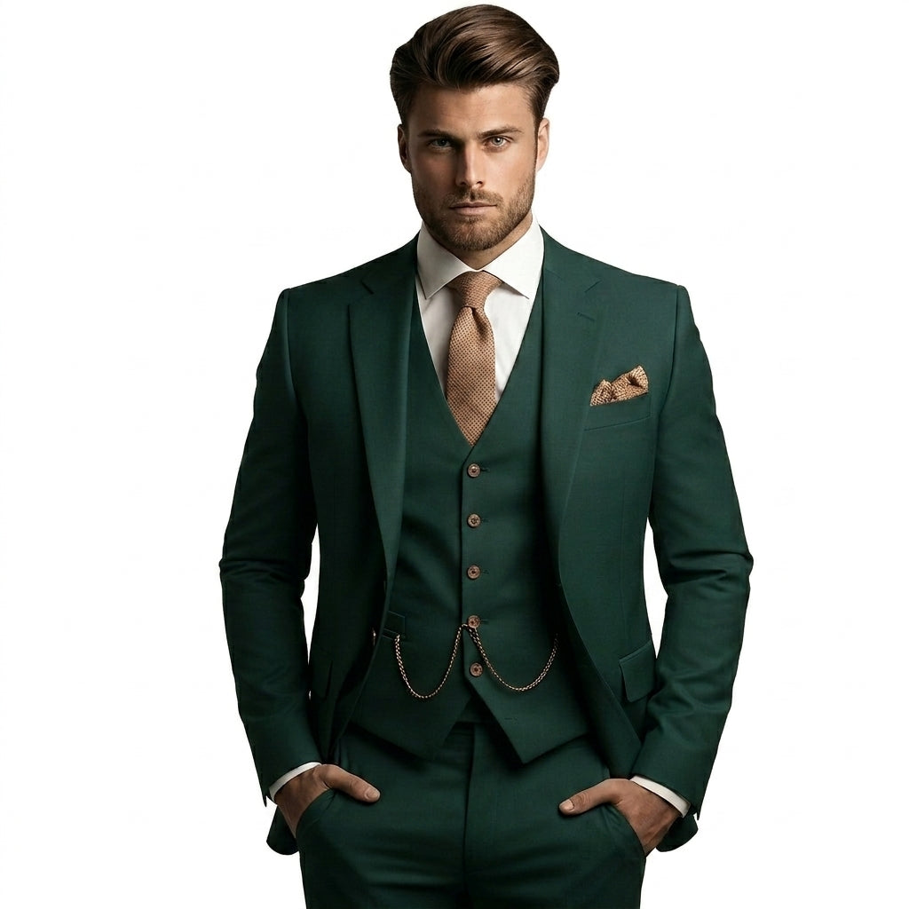 Model wearing the suit in deep forest green, paired with a tan patterned tie, pocket square and waistcoat chain, hands in pockets. 5