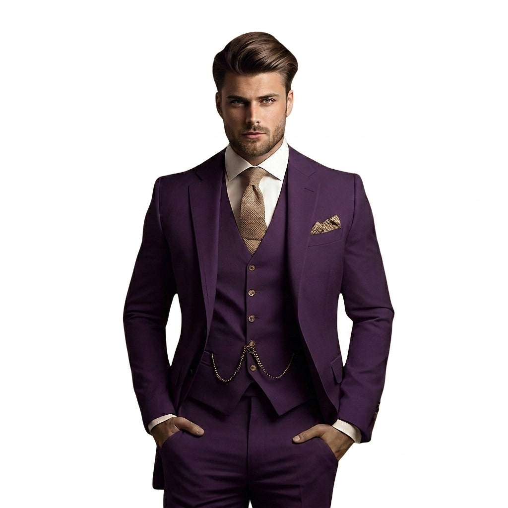 Model wearing the suit in rich plum purple, with a tan textured tie, pocket square and waistcoat chain, hands in pockets. 6