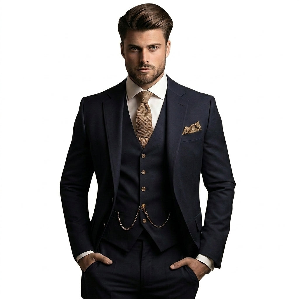 Model in a navy three-piece suit with a textured tan tie, matching pocket square and waistcoat chain, hands in pockets. 1