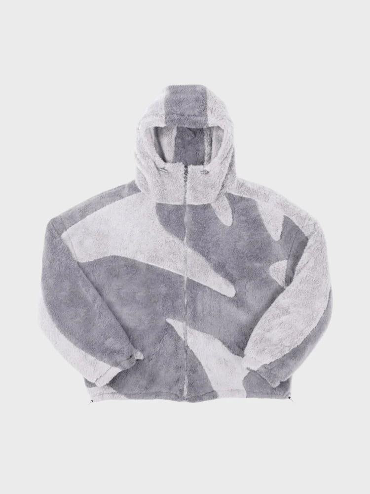 Front view of the same hooded fleece jacket in a light grey and silvery lilac paneled pattern, zipped up. 2