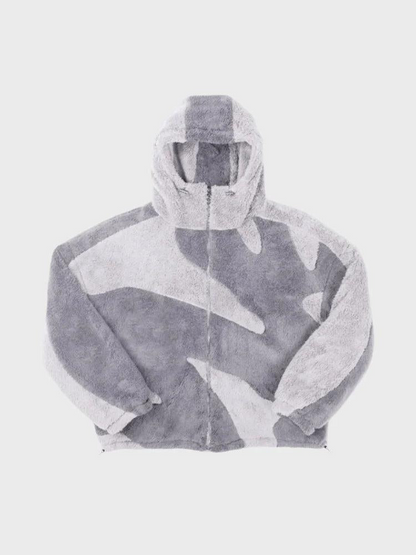 Front view of the same hooded fleece jacket in a light grey and silvery lilac paneled pattern, zipped up. 2