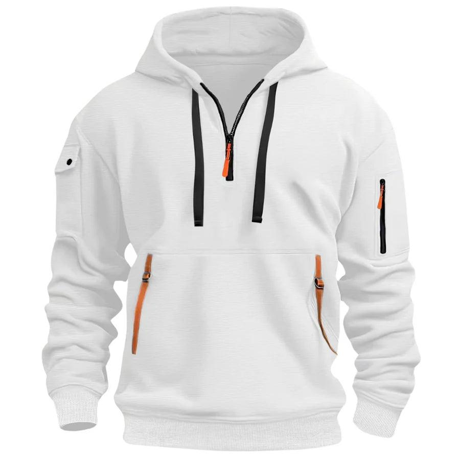 White half-zip hoodie with black drawstrings, orange zip pulls and a zipped sleeve pocket, front view 6