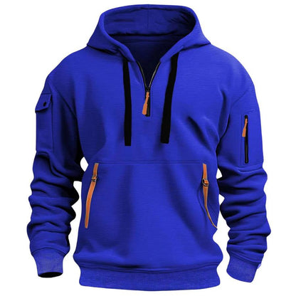 Bright royal blue half-zip hoodie with black drawstrings and orange zip tapes on the kangaroo pocket 7