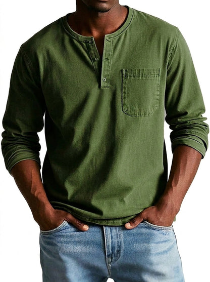 Men's Long Sleeve Henley Shirt with Button Placket and Chest Pocket 2