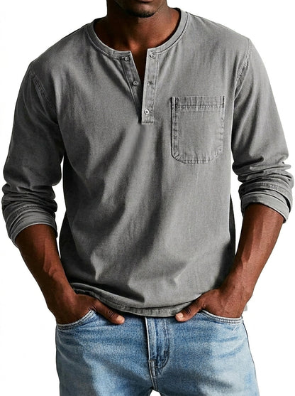 Men's Long Sleeve Henley Shirt with Button Placket and Chest Pocket 4