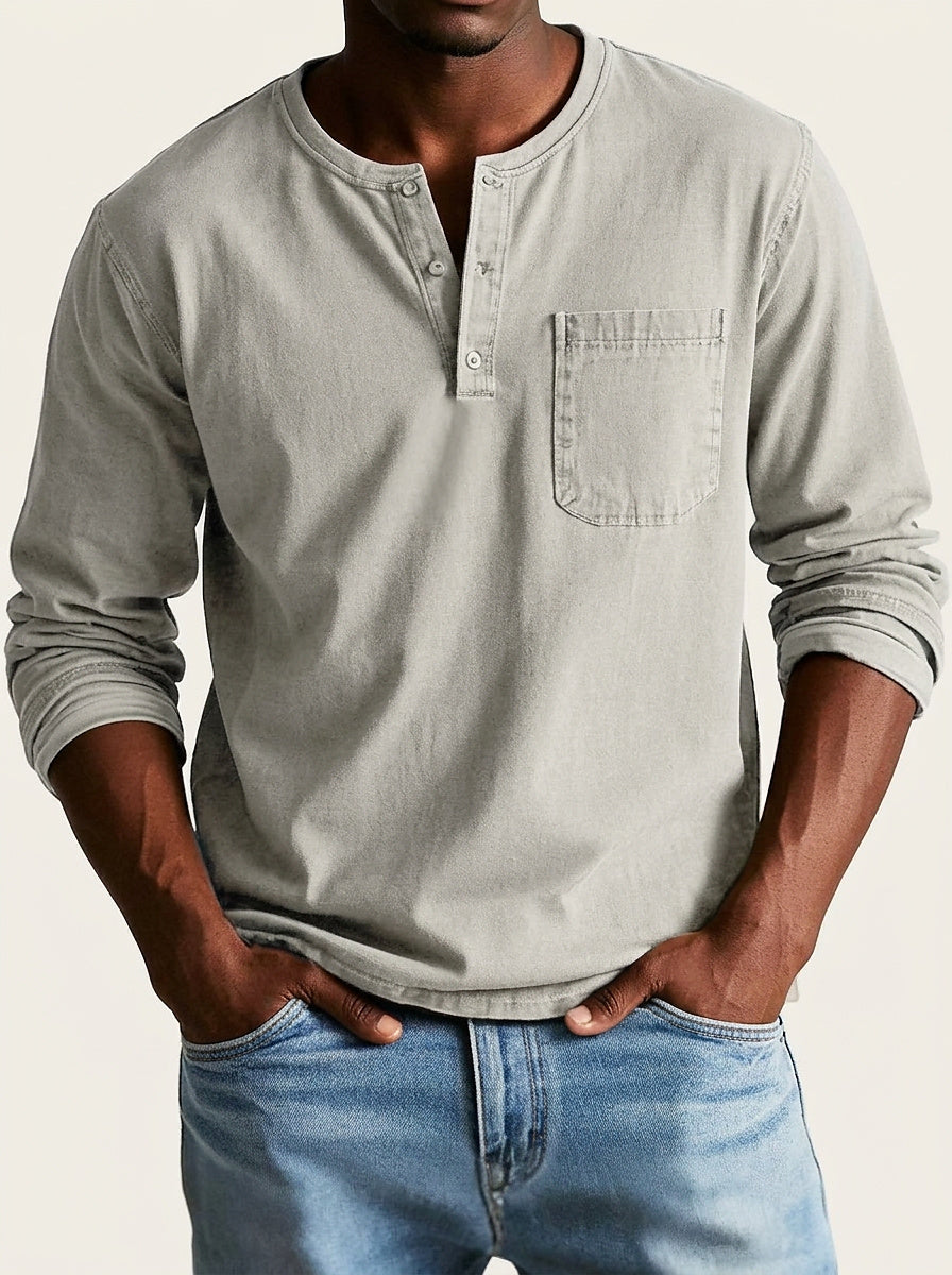 Men's Long Sleeve Henley Shirt with Button Placket and Chest Pocket 6