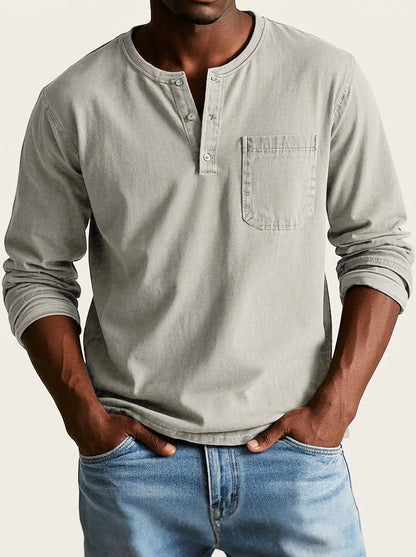 Men's Long Sleeve Henley Shirt with Button Placket and Chest Pocket 6