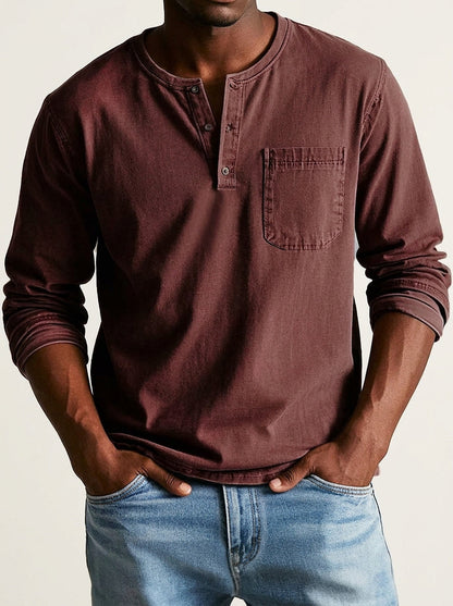 Men's Long Sleeve Henley Shirt with Button Placket and Chest Pocket 9