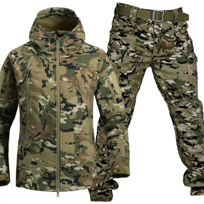 Woodland-style camouflage set in green, tan and black patches, with hooded zip jacket and belted cargo trousers. 6