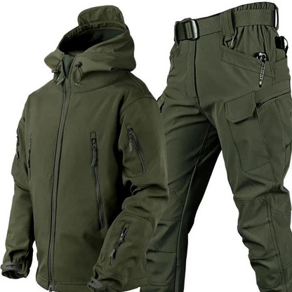 Olive green hooded zip jacket with sleeve pockets beside matching cargo trousers with belt and large thigh pocket. 1