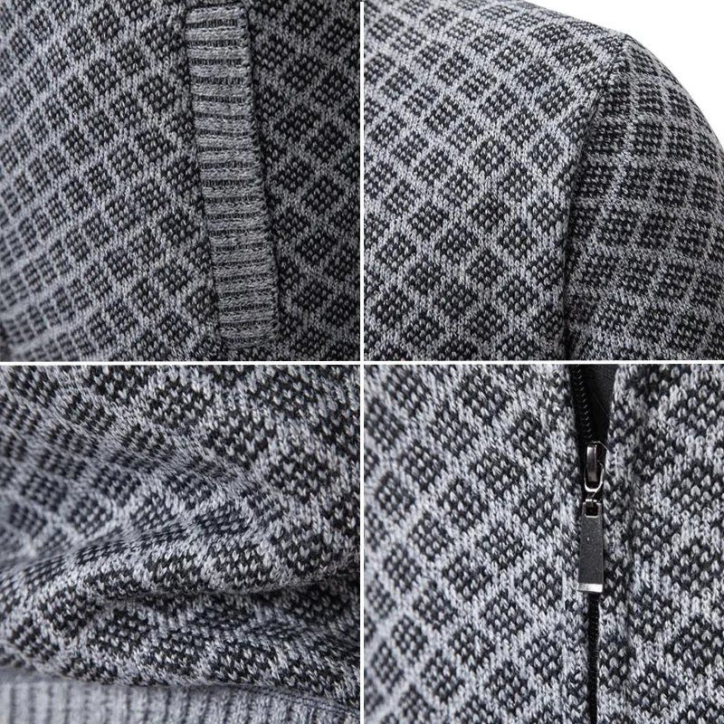 Four close-up details of the grey diamond knit, ribbed pocket edge, shoulder seam and metal zip 6