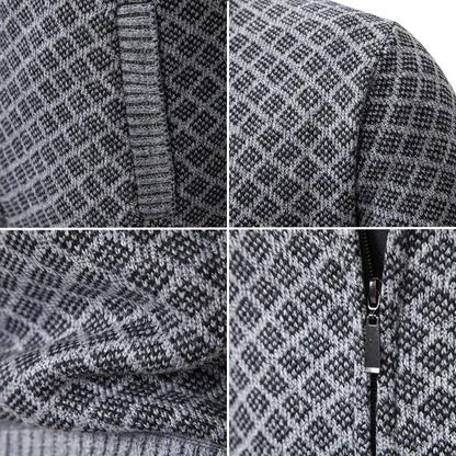 Four close-up details of the grey diamond knit, ribbed pocket edge, shoulder seam and metal zip 6