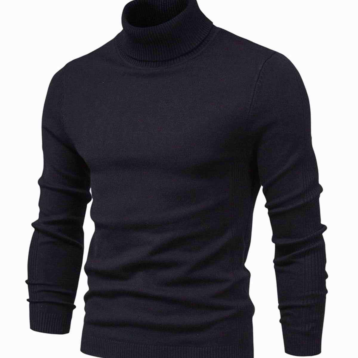 Front view of the slim fit turtleneck jumper in black, showing the ribbed collar and cuffs 2