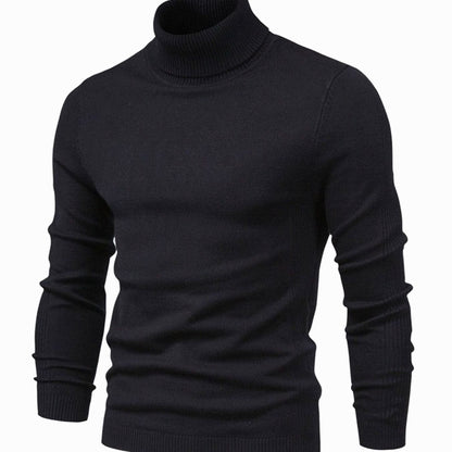 Front view of the slim fit turtleneck jumper in black, showing the ribbed collar and cuffs 2