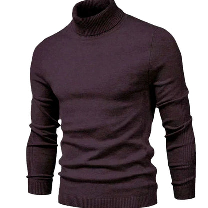Front view of the knitted turtleneck jumper in dark plum purple, with ribbed collar and cuffs 4