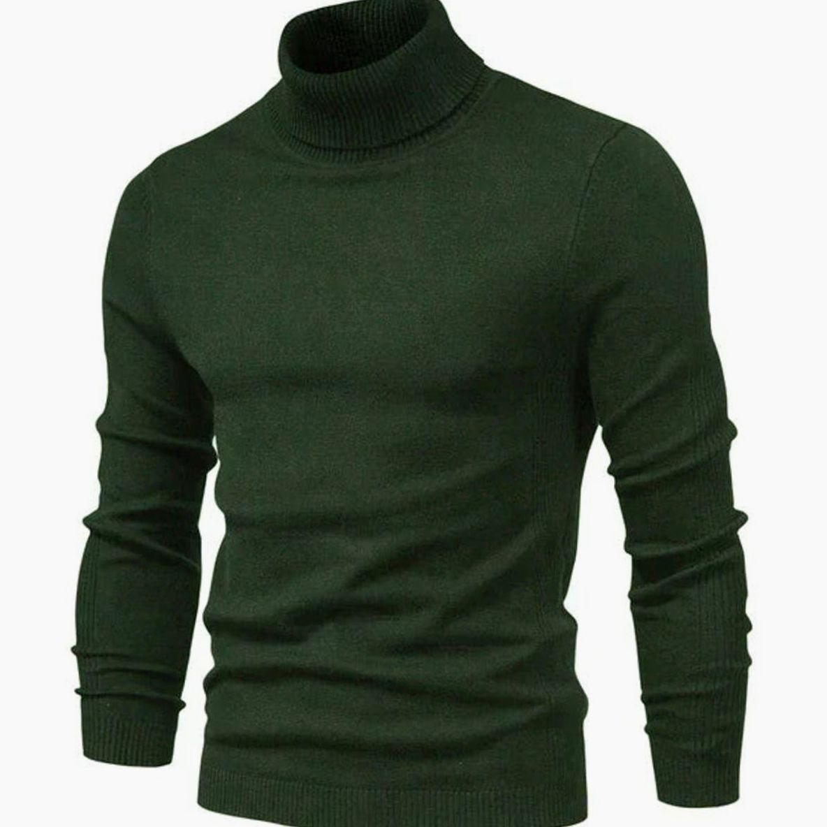 Front view of the slim fit turtleneck jumper in dark forest green, with ribbed collar and cuffs 5