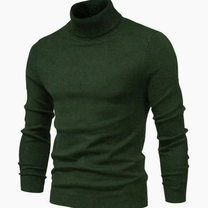 Front view of the slim fit turtleneck jumper in dark forest green, with ribbed collar and cuffs 5