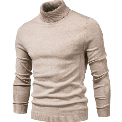 Front view of the knitted turtleneck jumper in light beige, showing the ribbed collar and side panels 6