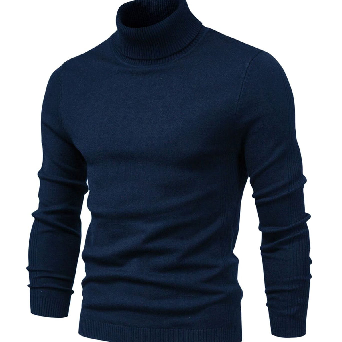 Front view of the long-sleeved turtleneck jumper in navy blue, with ribbed collar, cuffs and hem 7