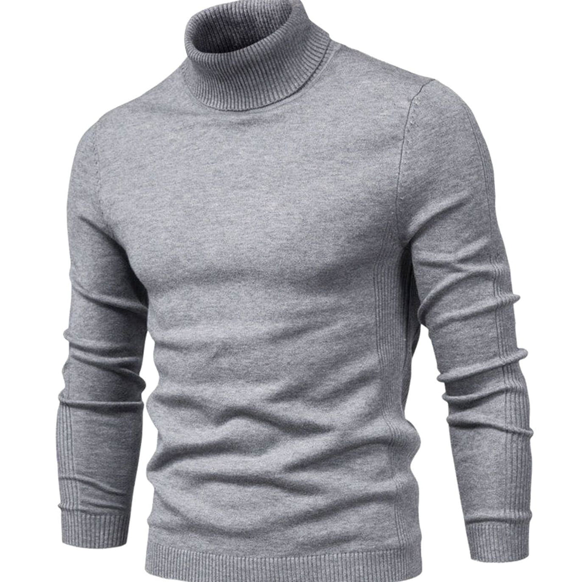 Front view of the knitted turtleneck jumper in light grey, with ribbed collar, cuffs and hem 1